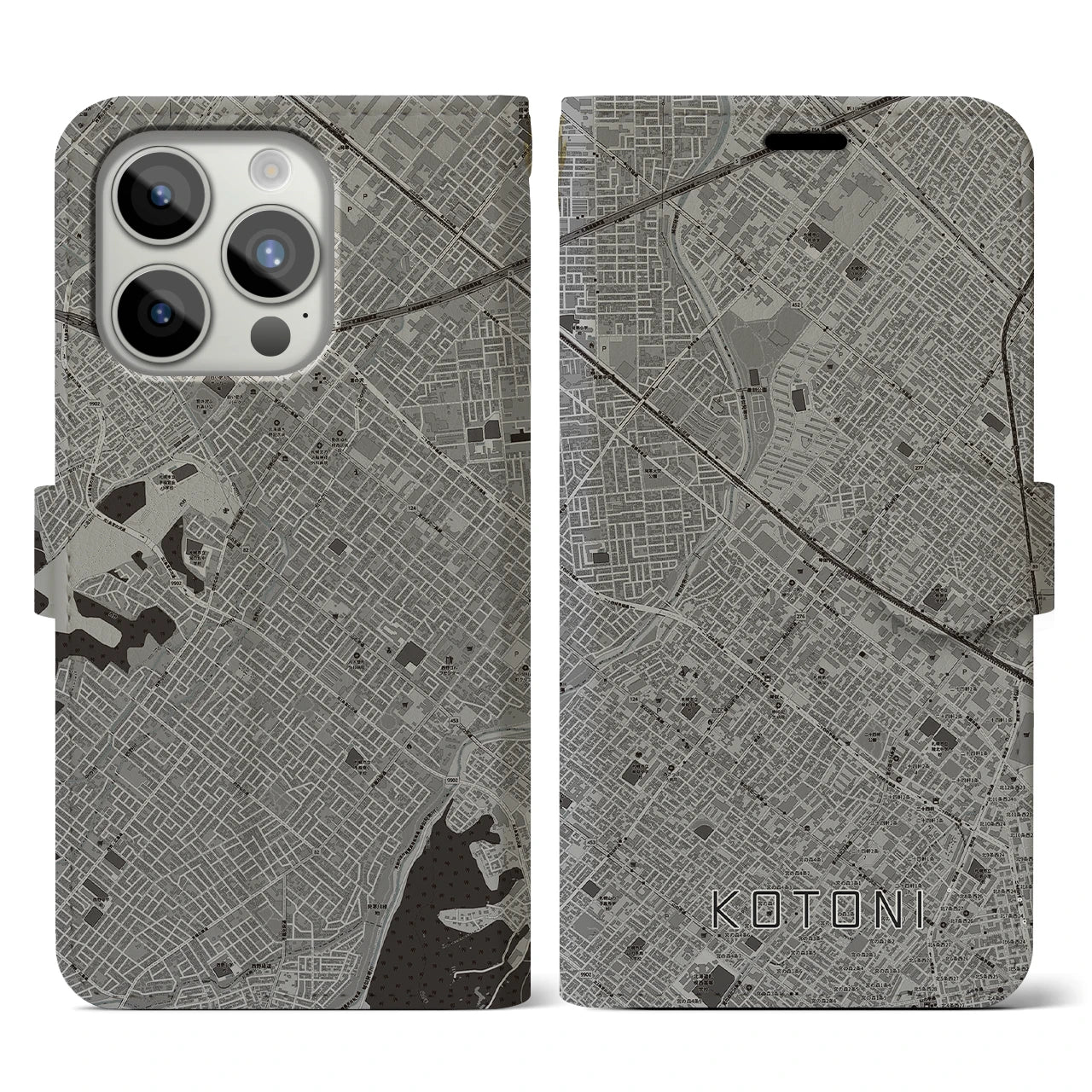 【琴似(北海道)】地図柄iPhoneケース(手帳タイプ)モノトーン・iPhone 15 Pro 用