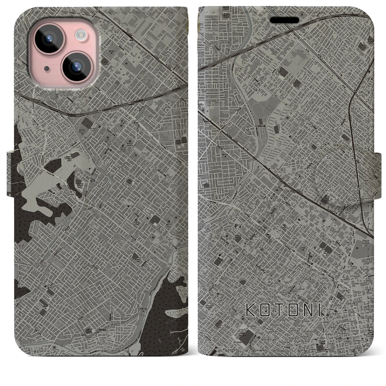 【琴似(北海道)】地図柄iPhoneケース(手帳タイプ)モノトーン・iPhone 15 Plus 用