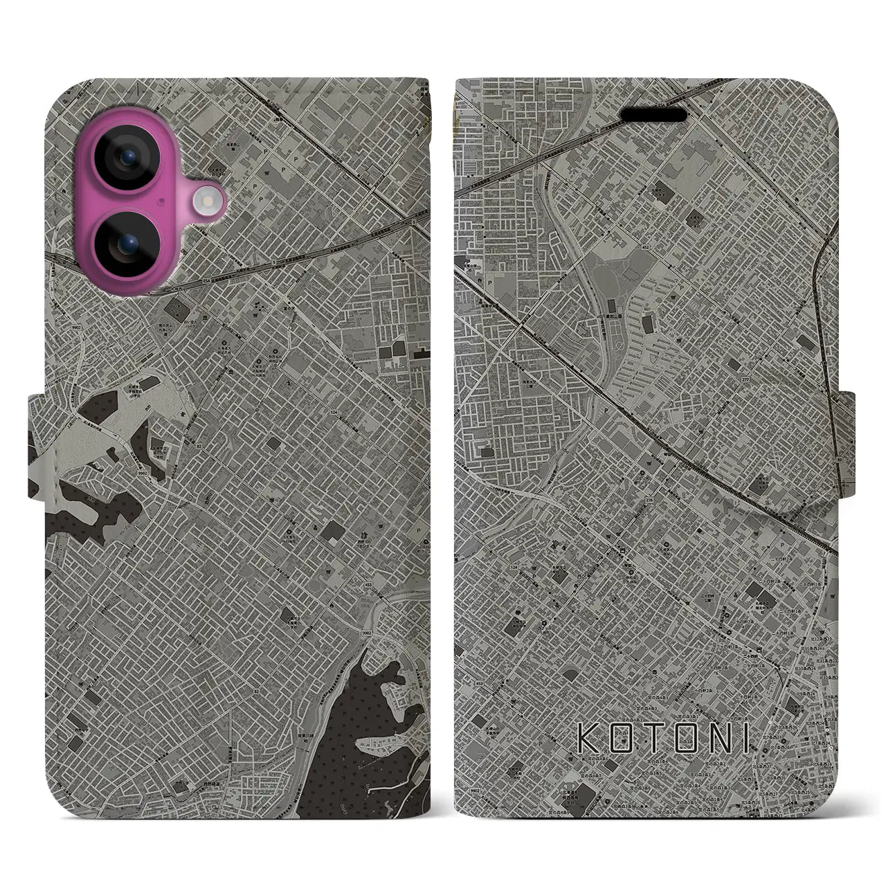 【琴似(北海道)】地図柄iPhoneケース(手帳タイプ)モノトーン・iPhone 16 Pro 用