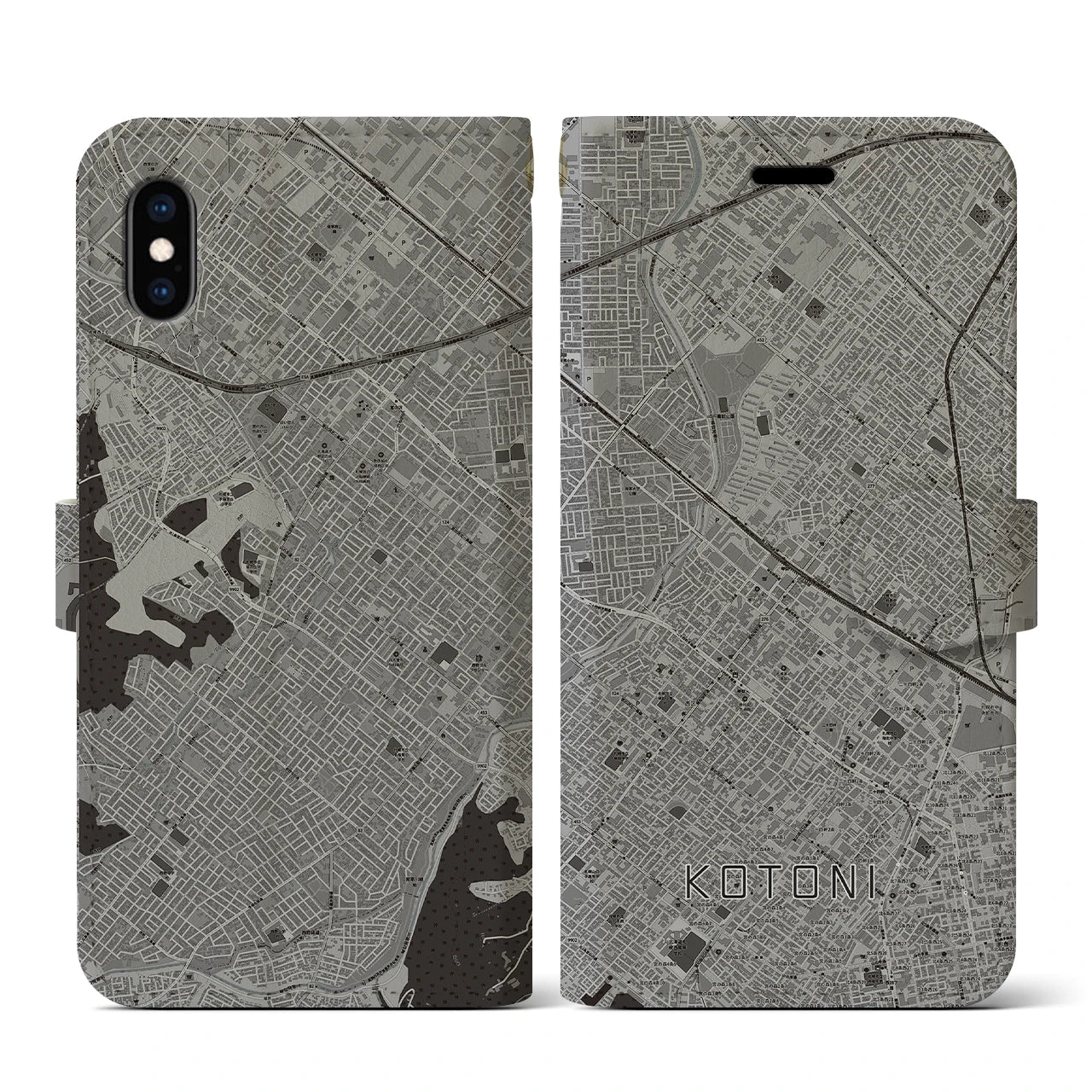 【琴似(北海道)】地図柄iPhoneケース(手帳タイプ)モノトーン・iPhone XS / X 用