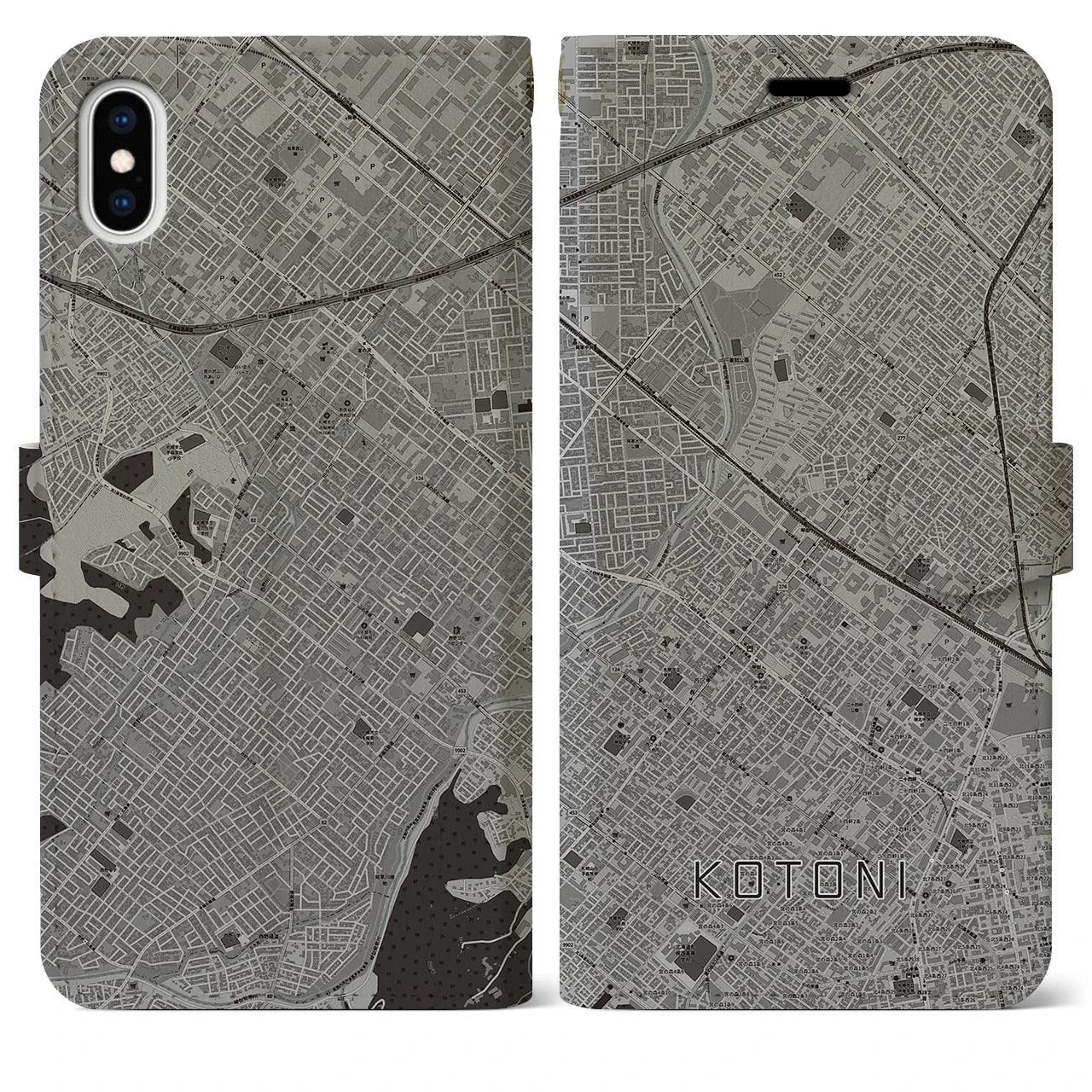 【琴似(北海道)】地図柄iPhoneケース(手帳タイプ)モノトーン・iPhone XS Max 用