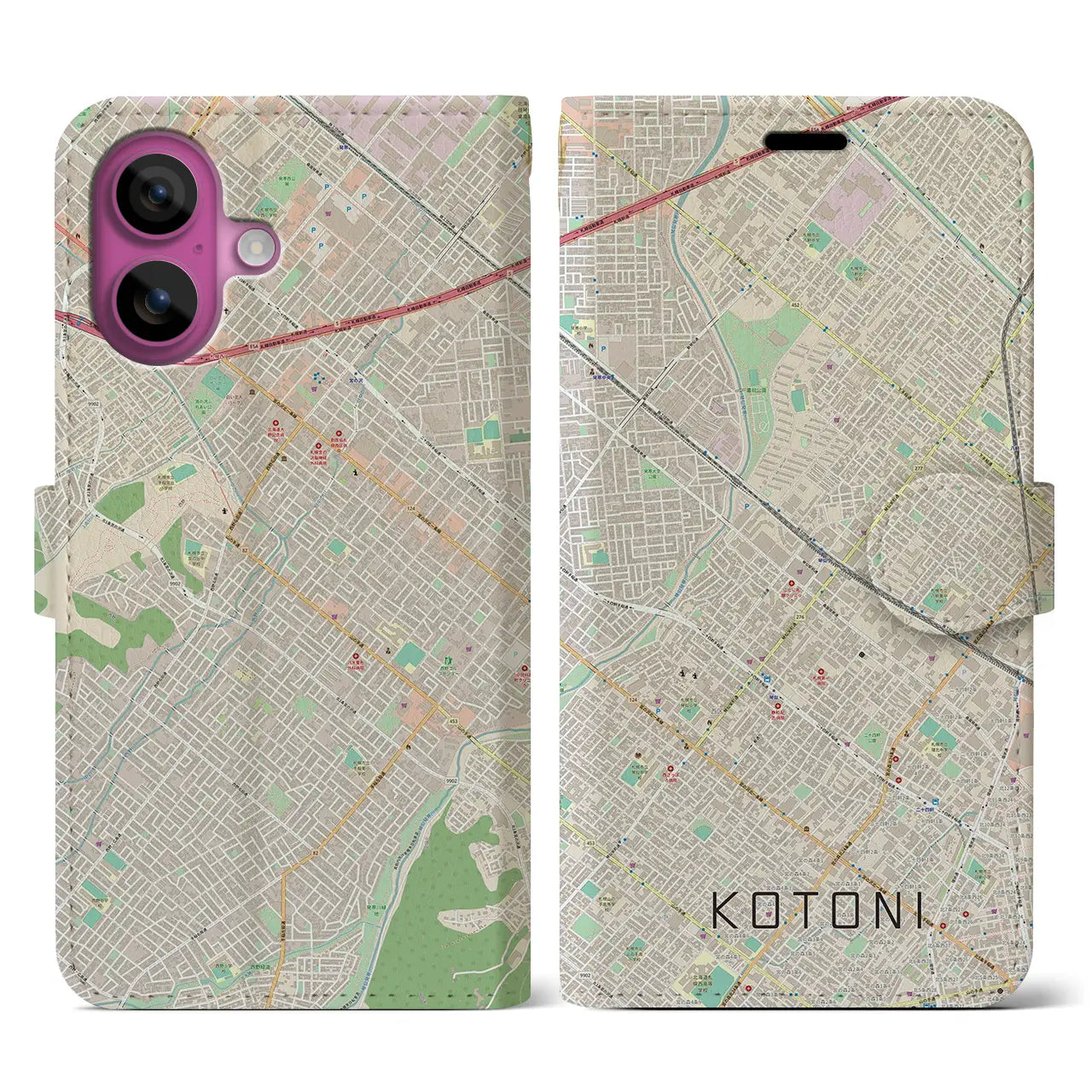 【琴似(北海道)】地図柄iPhoneケース(手帳タイプ)ナチュラル・iPhone 16 Pro 用