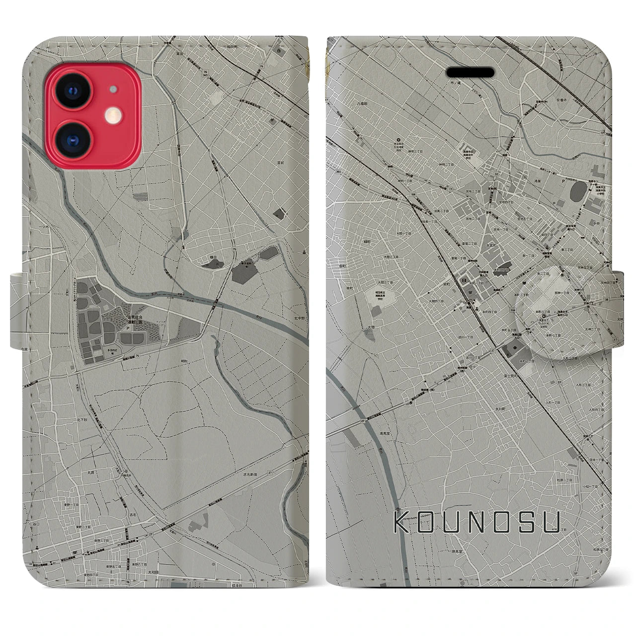 【鴻巣(埼玉県)】地図柄iPhoneケース(手帳タイプ)モノトーン・iPhone 11 用