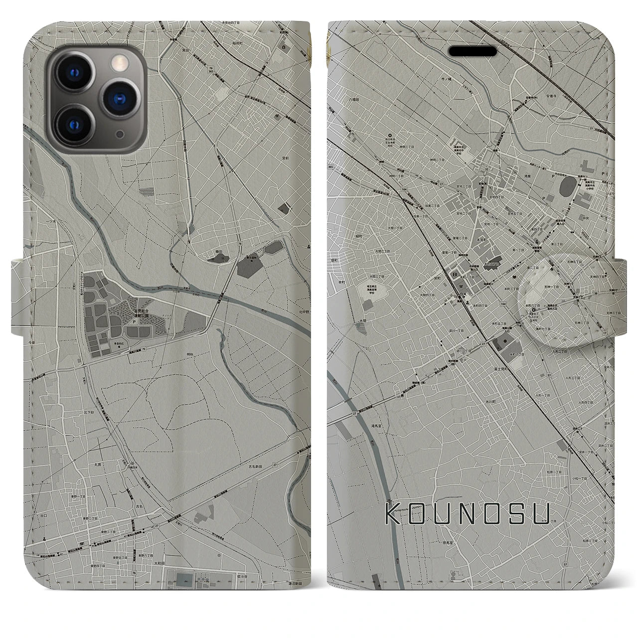 【鴻巣(埼玉県)】地図柄iPhoneケース(手帳タイプ)モノトーン・iPhone 11 Pro Max 用