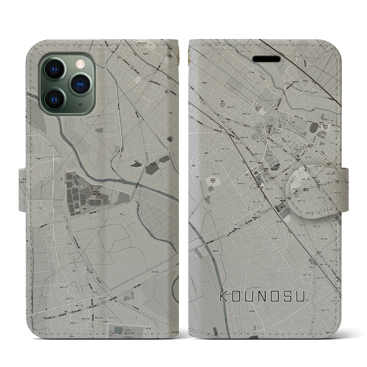 【鴻巣(埼玉県)】地図柄iPhoneケース(手帳タイプ)モノトーン・iPhone 11 Pro 用