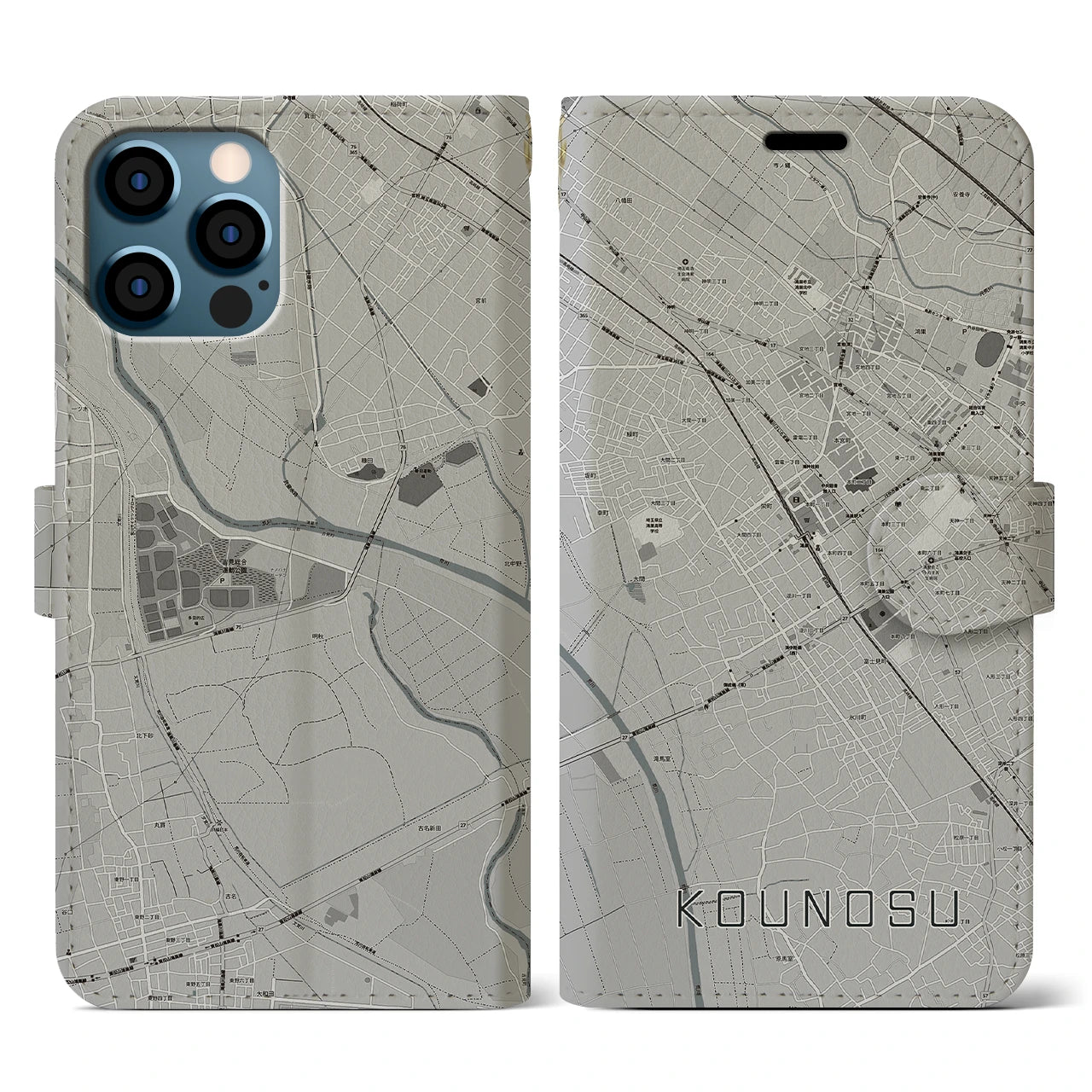【鴻巣(埼玉県)】地図柄iPhoneケース(手帳タイプ)モノトーン・iPhone 12 / 12 Pro 用