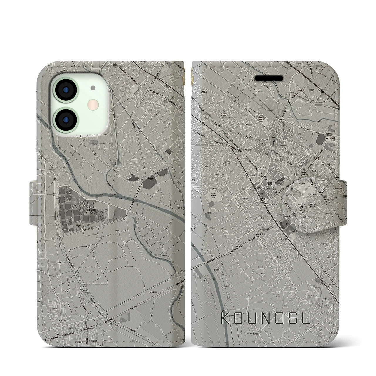 【鴻巣(埼玉県)】地図柄iPhoneケース(手帳タイプ)モノトーン・iPhone 12 mini 用