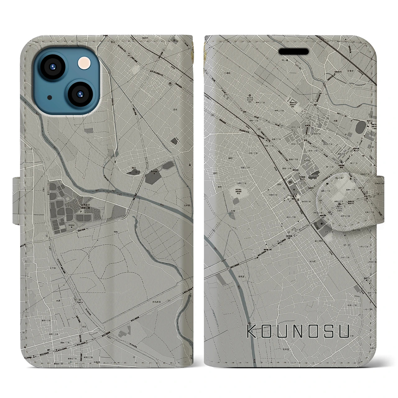 【鴻巣(埼玉県)】地図柄iPhoneケース(手帳タイプ)モノトーン・iPhone 13 用