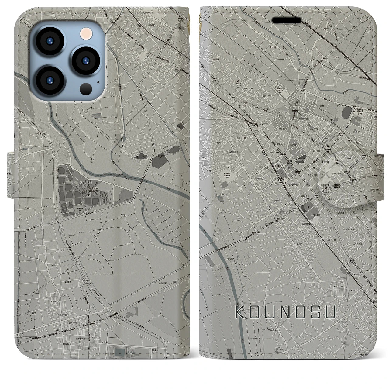 【鴻巣(埼玉県)】地図柄iPhoneケース(手帳タイプ)モノトーン・iPhone 13 Pro Max 用