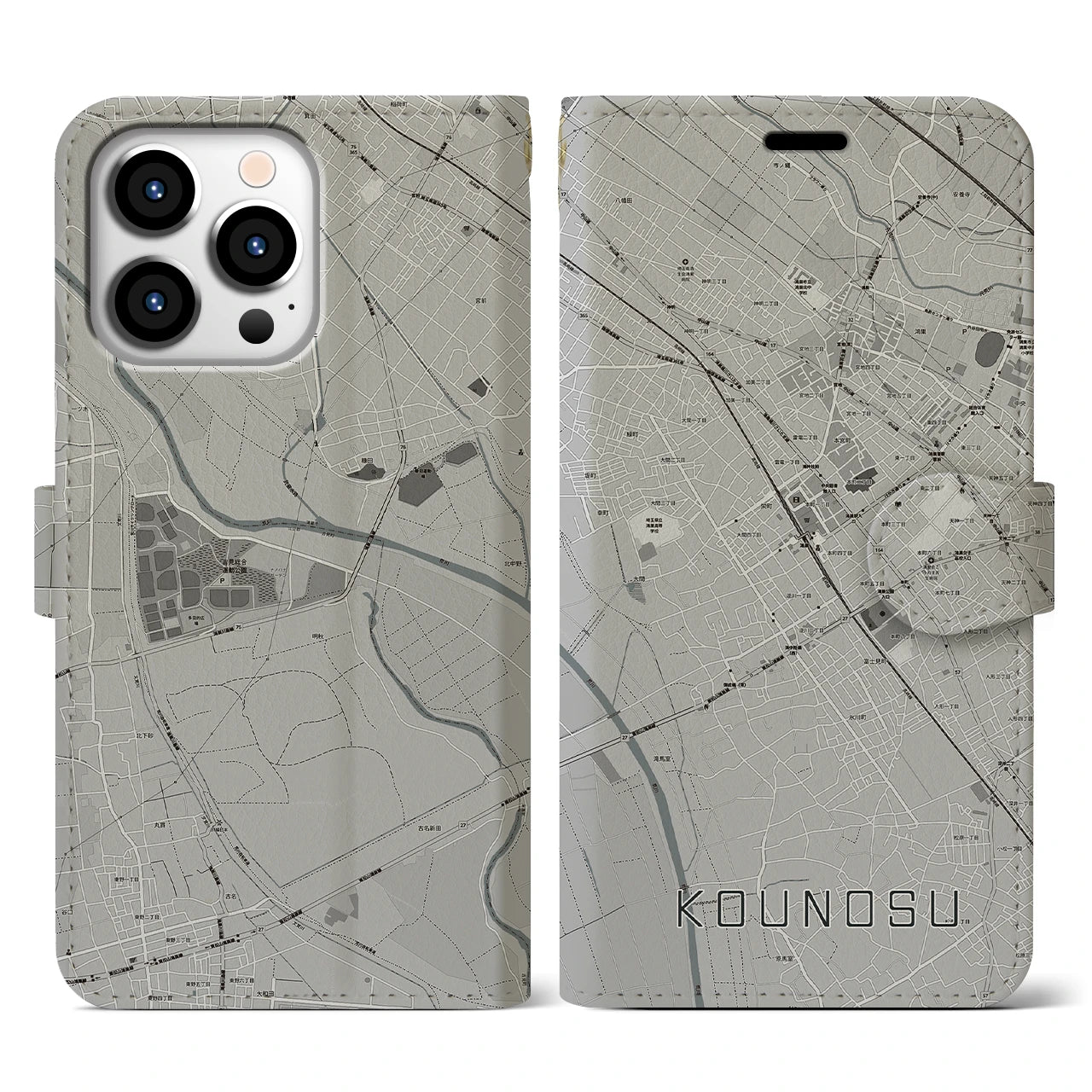 【鴻巣(埼玉県)】地図柄iPhoneケース(手帳タイプ)モノトーン・iPhone 13 Pro 用