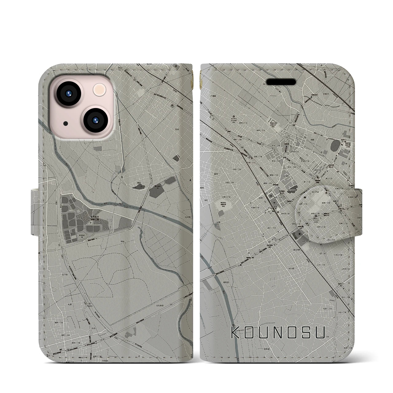 【鴻巣(埼玉県)】地図柄iPhoneケース(手帳タイプ)モノトーン・iPhone 13 mini 用