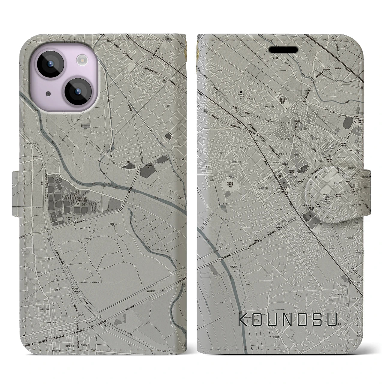 【鴻巣(埼玉県)】地図柄iPhoneケース(手帳タイプ)モノトーン・iPhone 14 用