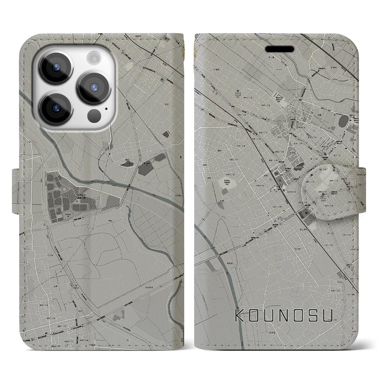 【鴻巣(埼玉県)】地図柄iPhoneケース(手帳タイプ)モノトーン・iPhone 14 Pro 用
