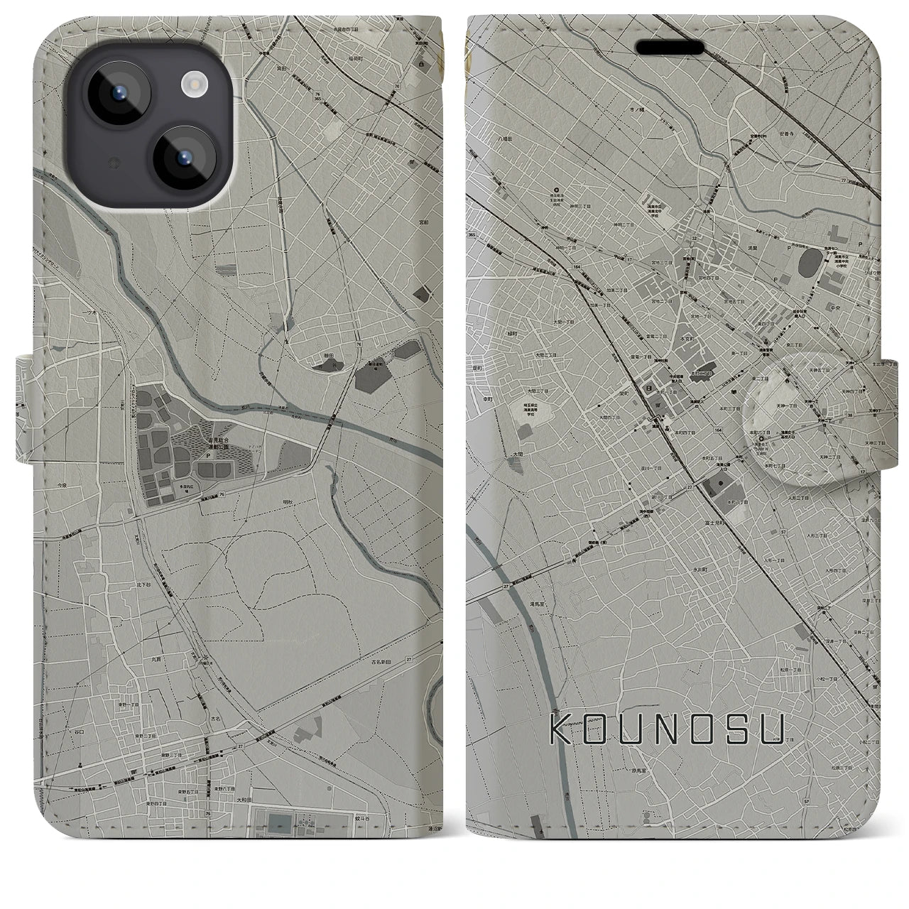 【鴻巣(埼玉県)】地図柄iPhoneケース(手帳タイプ)モノトーン・iPhone 14 Plus 用