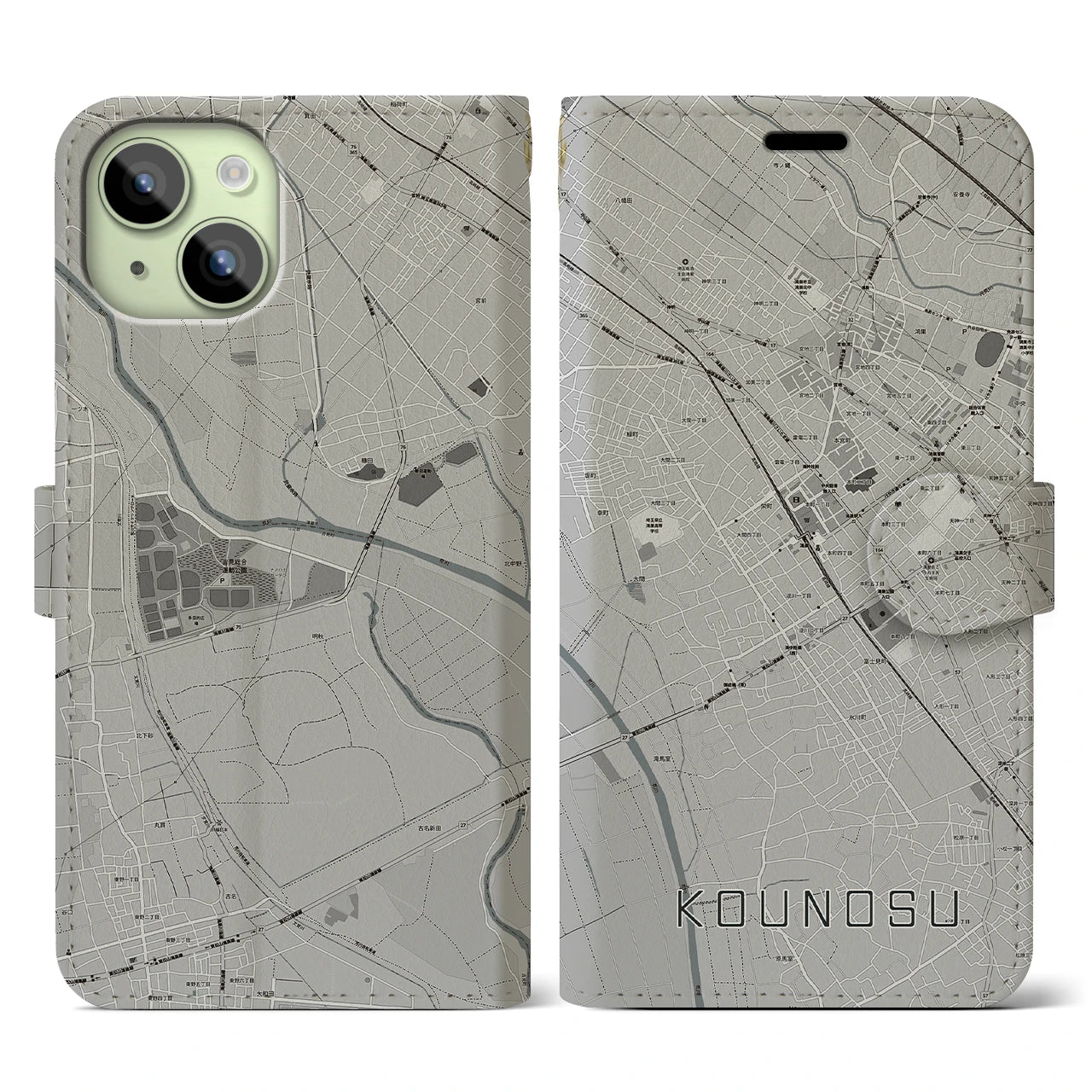 【鴻巣(埼玉県)】地図柄iPhoneケース(手帳タイプ)モノトーン・iPhone 15 用