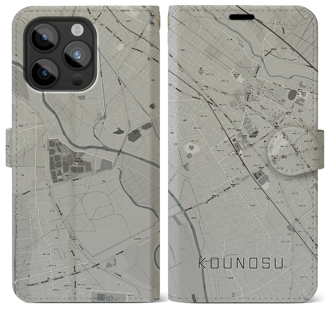 【鴻巣(埼玉県)】地図柄iPhoneケース(手帳タイプ)モノトーン・iPhone 15 Pro Max 用