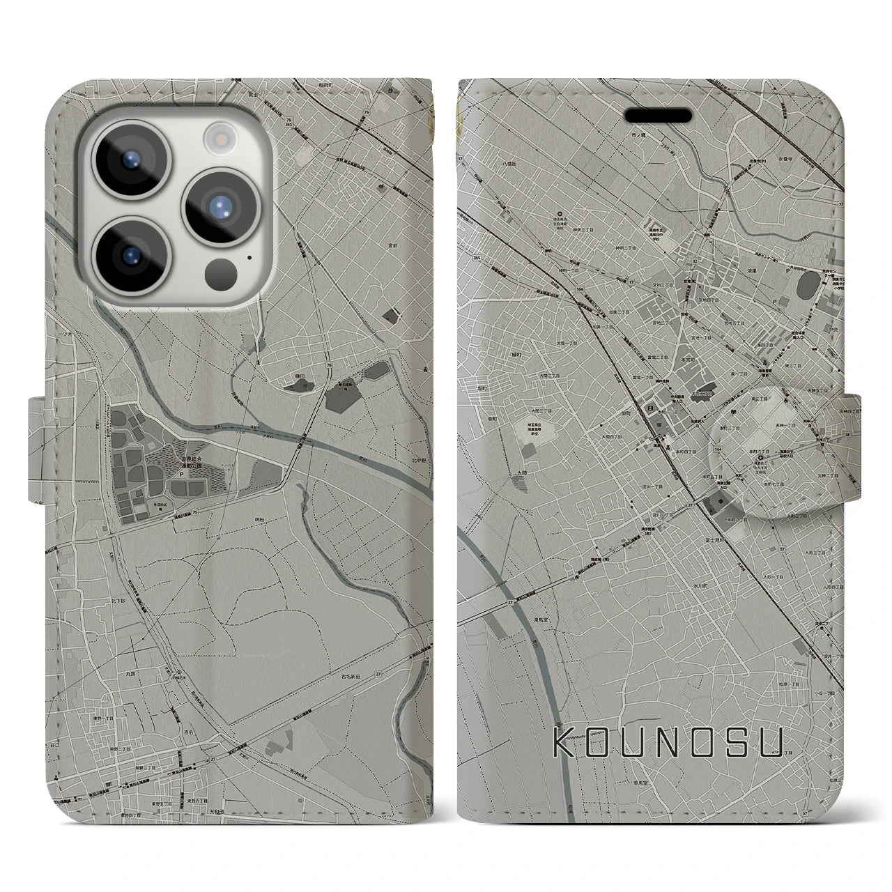 【鴻巣(埼玉県)】地図柄iPhoneケース(手帳タイプ)モノトーン・iPhone 15 Pro 用
