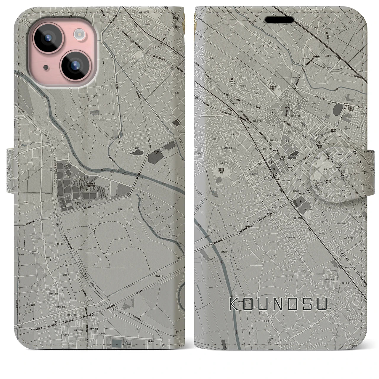 【鴻巣(埼玉県)】地図柄iPhoneケース(手帳タイプ)モノトーン・iPhone 15 Plus 用