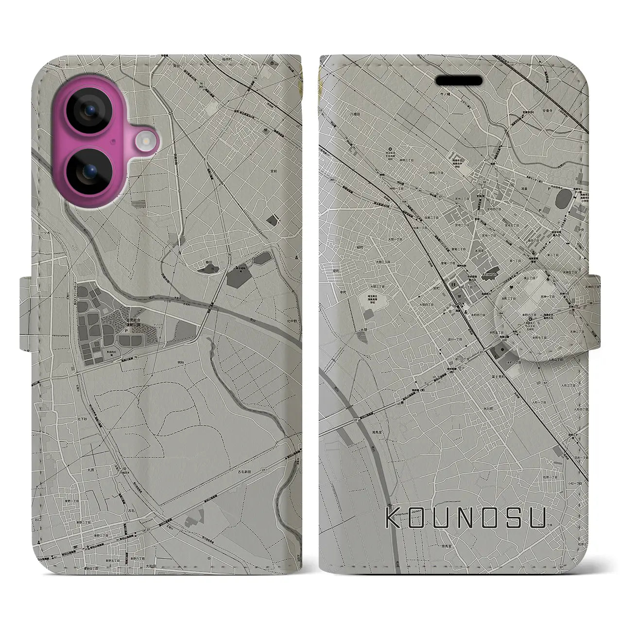 【鴻巣(埼玉県)】地図柄iPhoneケース(手帳タイプ)モノトーン・iPhone 16 Pro 用