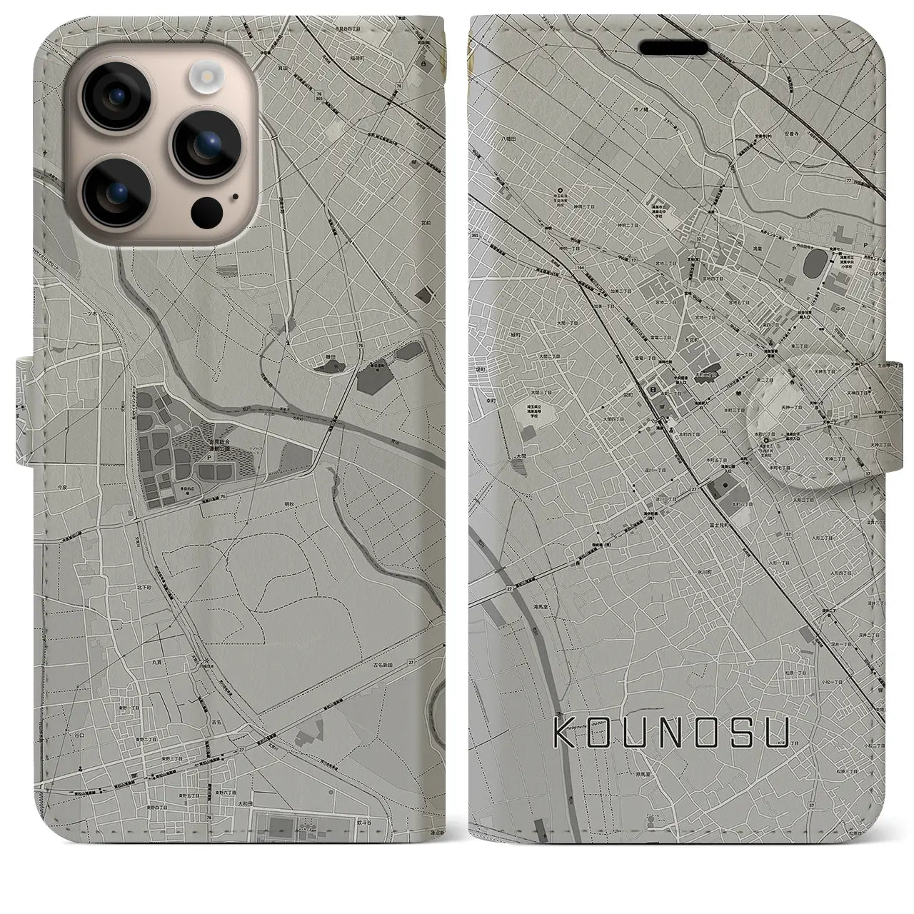 【鴻巣(埼玉県)】地図柄iPhoneケース(手帳タイプ)モノトーン・iPhone 16 Plus 用