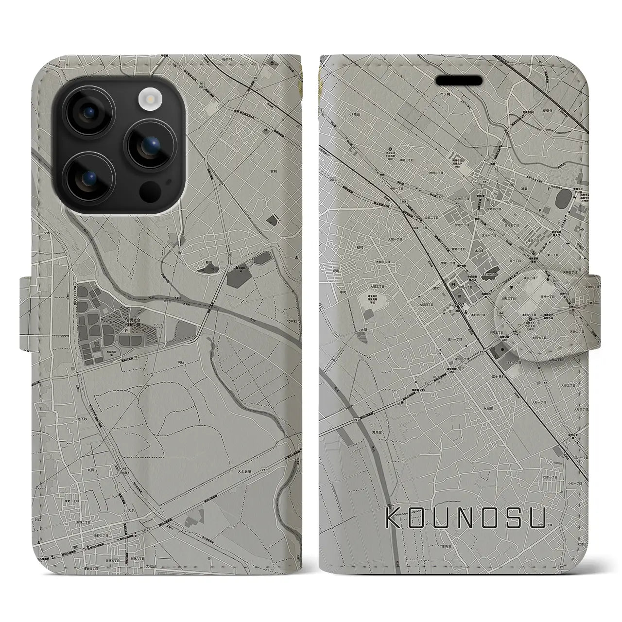 【鴻巣(埼玉県)】地図柄iPhoneケース(手帳タイプ)モノトーン・iPhone 16 用