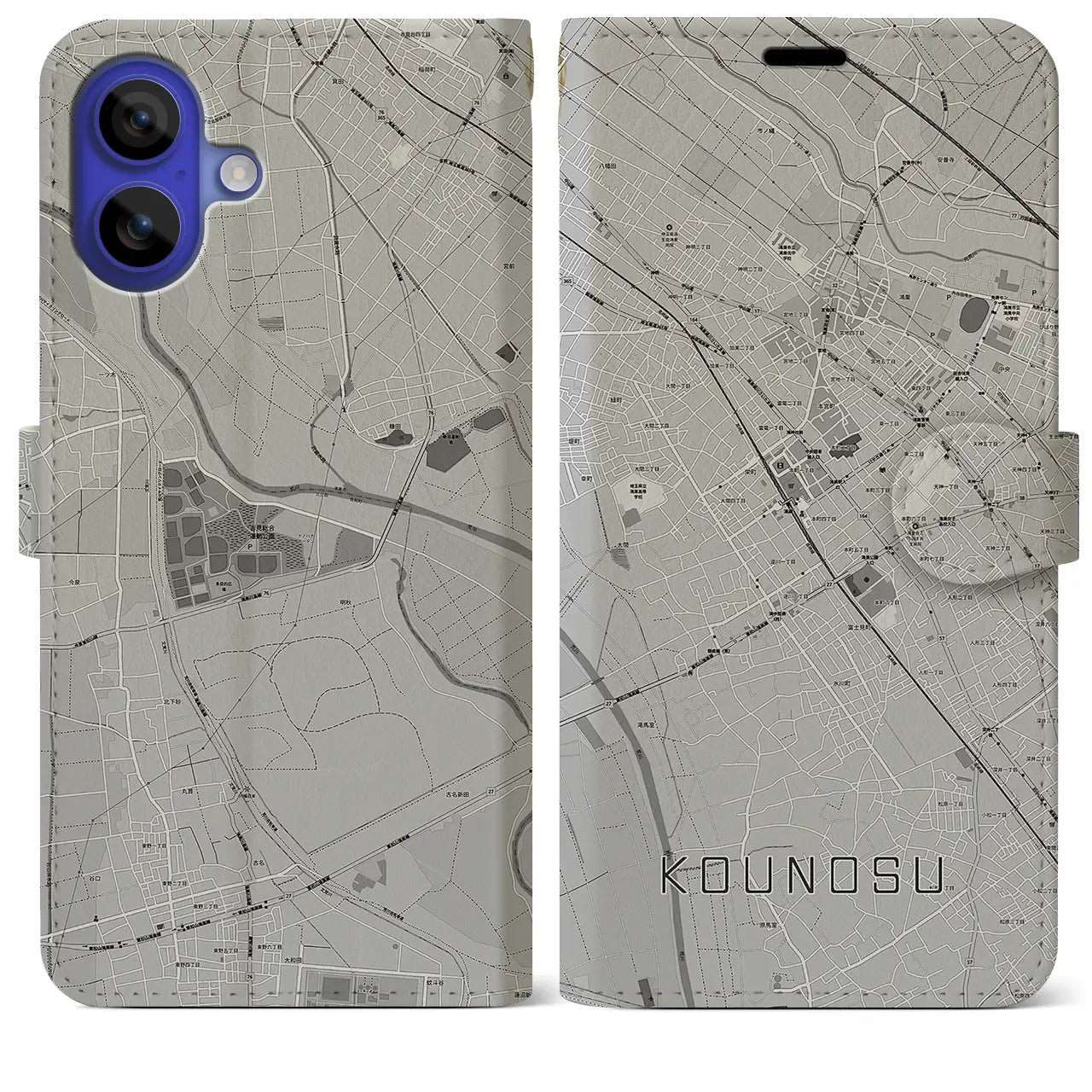【鴻巣(埼玉県)】地図柄iPhoneケース(手帳タイプ)モノトーン・iPhone 16 Pro Max 用