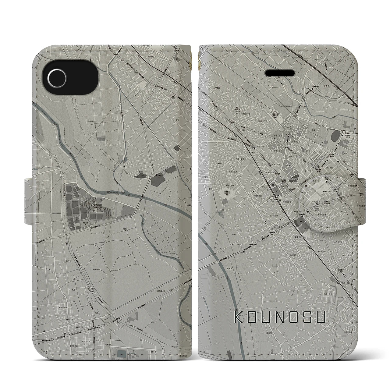 【鴻巣(埼玉県)】地図柄iPhoneケース(手帳タイプ)モノトーン・iPhone SE(第3 / 第2世代) / 8 / 7 / 6s / 6 用