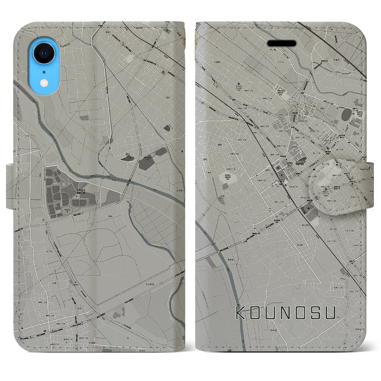 【鴻巣(埼玉県)】地図柄iPhoneケース(手帳タイプ)モノトーン・iPhone XR 用