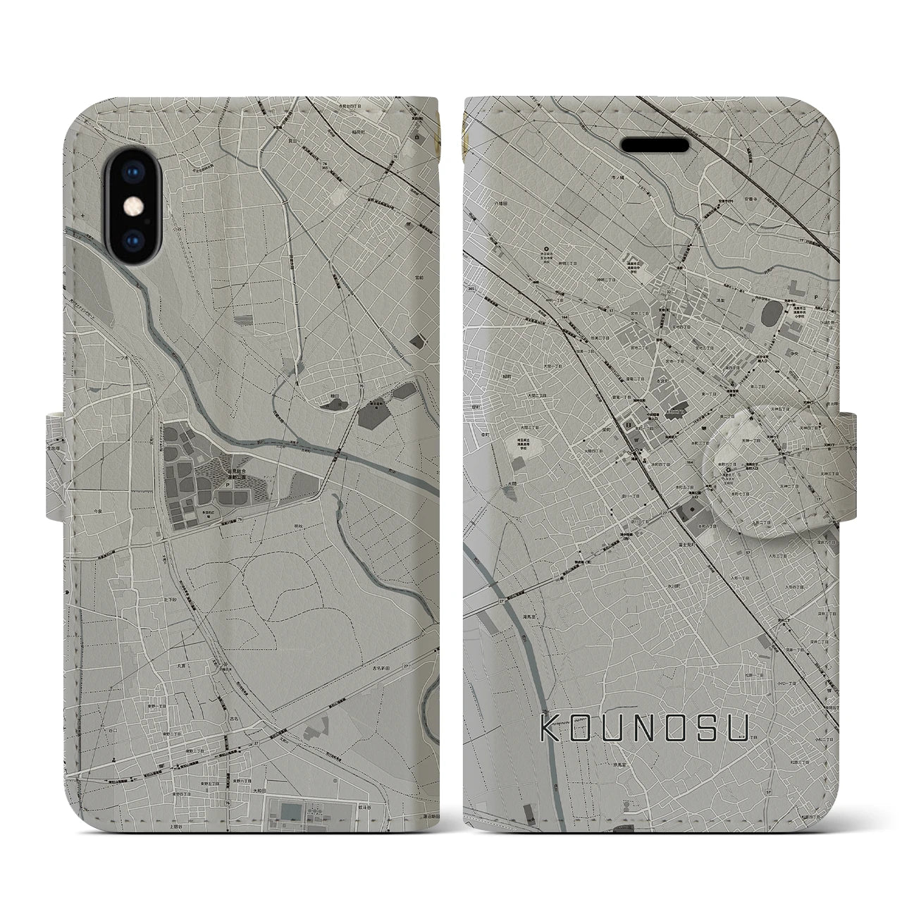 【鴻巣(埼玉県)】地図柄iPhoneケース(手帳タイプ)モノトーン・iPhone XS / X 用