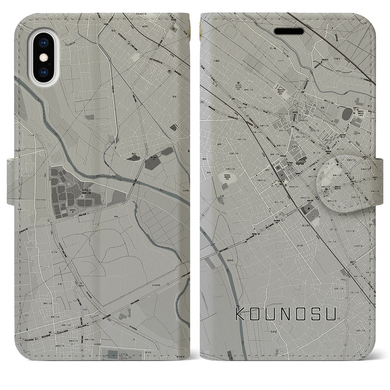 【鴻巣(埼玉県)】地図柄iPhoneケース(手帳タイプ)モノトーン・iPhone XS Max 用