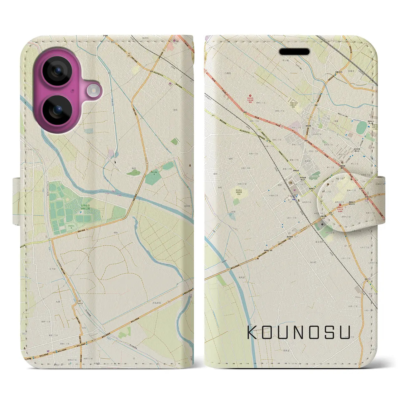 【鴻巣(埼玉県)】地図柄iPhoneケース(手帳タイプ)ナチュラル・iPhone 16 Pro 用