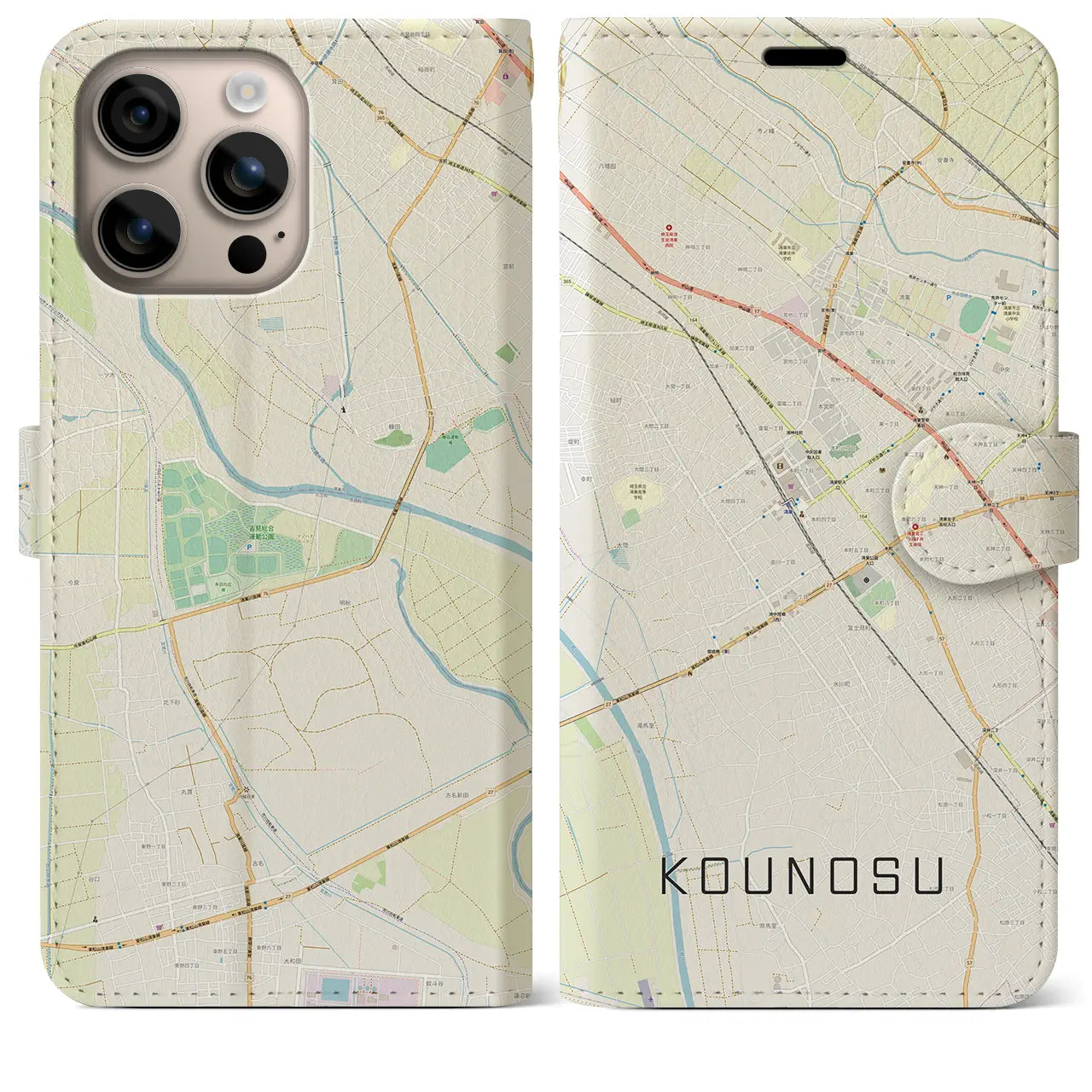 【鴻巣(埼玉県)】地図柄iPhoneケース(手帳タイプ)ナチュラル・iPhone 16 Plus 用