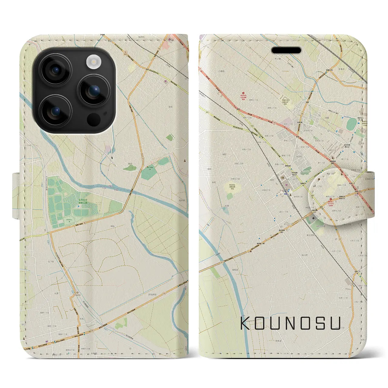 【鴻巣(埼玉県)】地図柄iPhoneケース(手帳タイプ)ナチュラル・iPhone 16 用