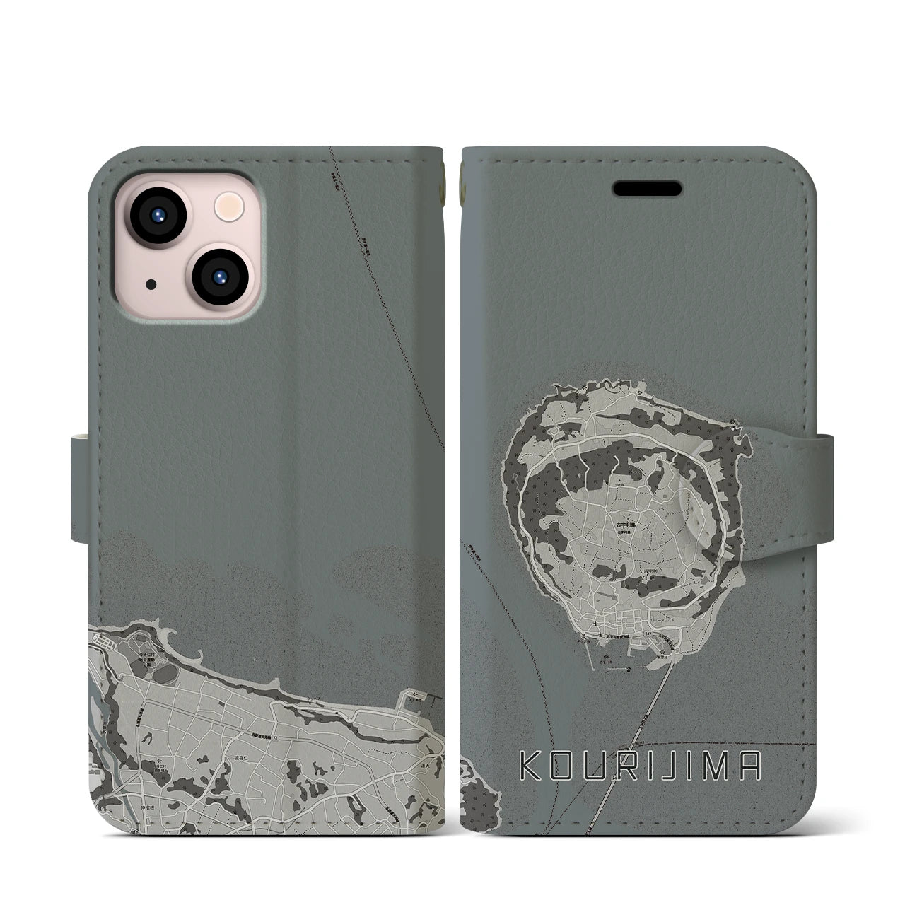 【古宇利島(沖縄県)】地図柄iPhoneケース(手帳タイプ)モノトーン・iPhone 13 mini 用