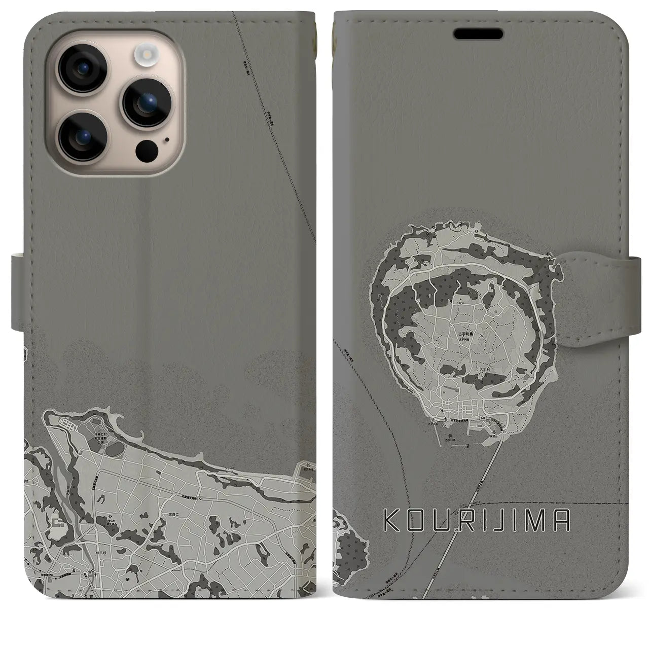 【古宇利島(沖縄県)】地図柄iPhoneケース(手帳タイプ)モノトーン・iPhone 16 Plus 用