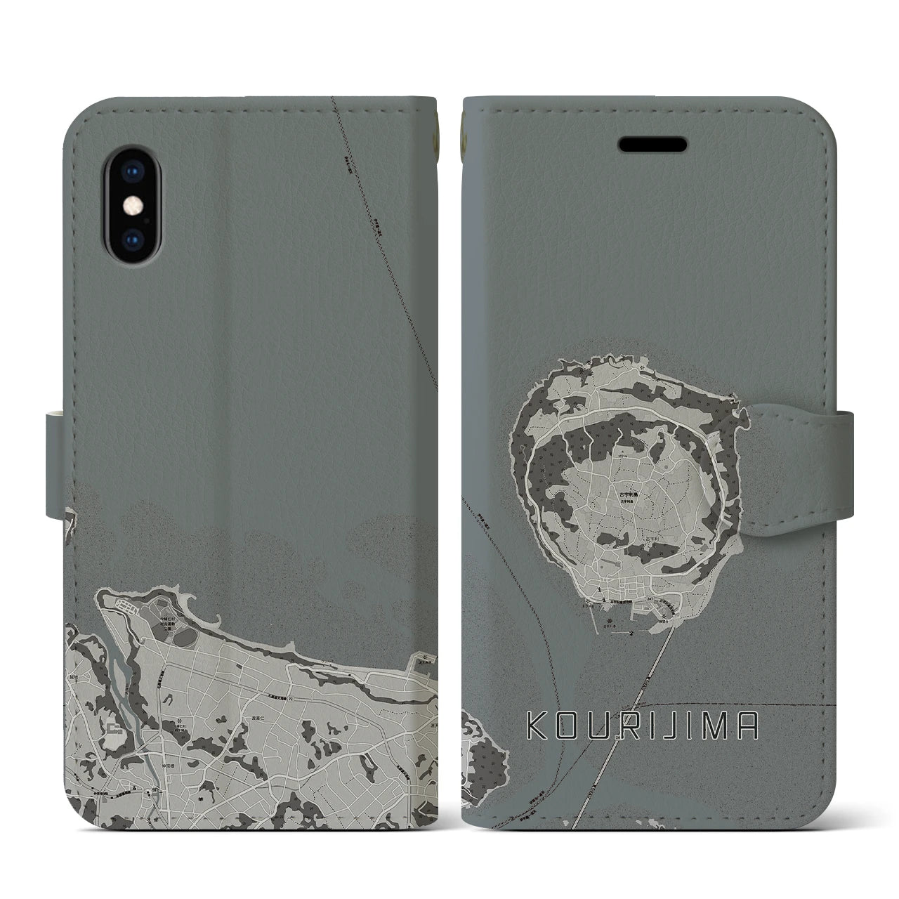 【古宇利島(沖縄県)】地図柄iPhoneケース(手帳タイプ)モノトーン・iPhone XS / X 用