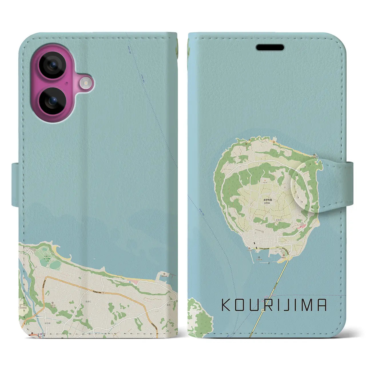 【古宇利島(沖縄県)】地図柄iPhoneケース(手帳タイプ)ナチュラル・iPhone 16 Pro 用