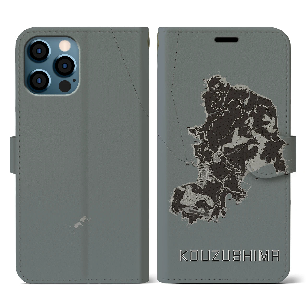 【神津島(東京都)】地図柄iPhoneケース(手帳タイプ)モノトーン・iPhone 12 / 12 Pro 用