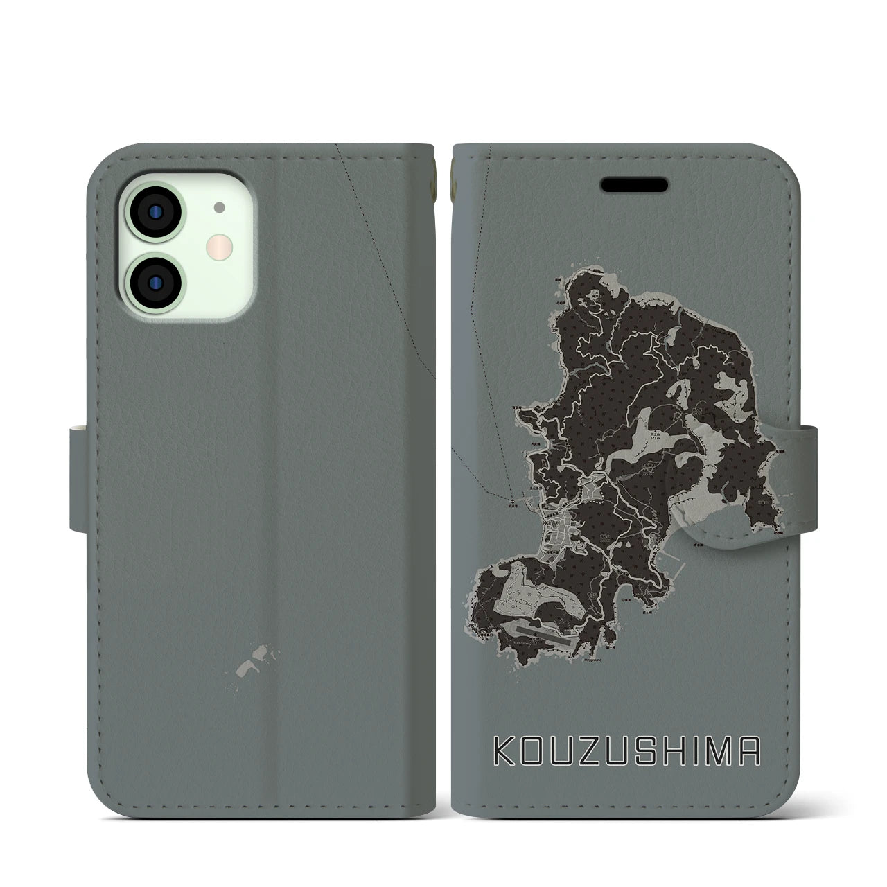 【神津島(東京都)】地図柄iPhoneケース(手帳タイプ)モノトーン・iPhone 12 mini 用