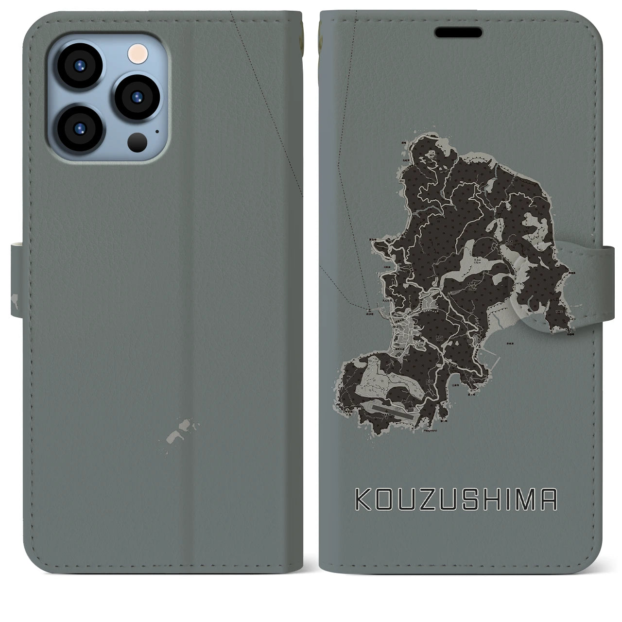 【神津島(東京都)】地図柄iPhoneケース(手帳タイプ)モノトーン・iPhone 13 Pro Max 用