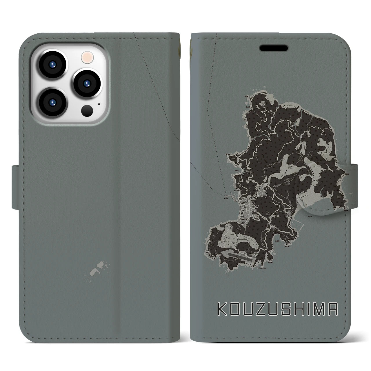 【神津島(東京都)】地図柄iPhoneケース(手帳タイプ)モノトーン・iPhone 13 Pro 用