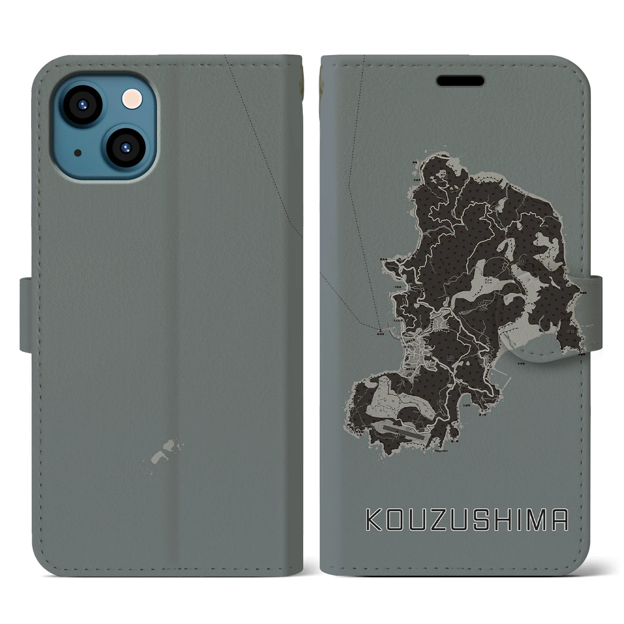 【神津島(東京都)】地図柄iPhoneケース(手帳タイプ)モノトーン・iPhone 13 用