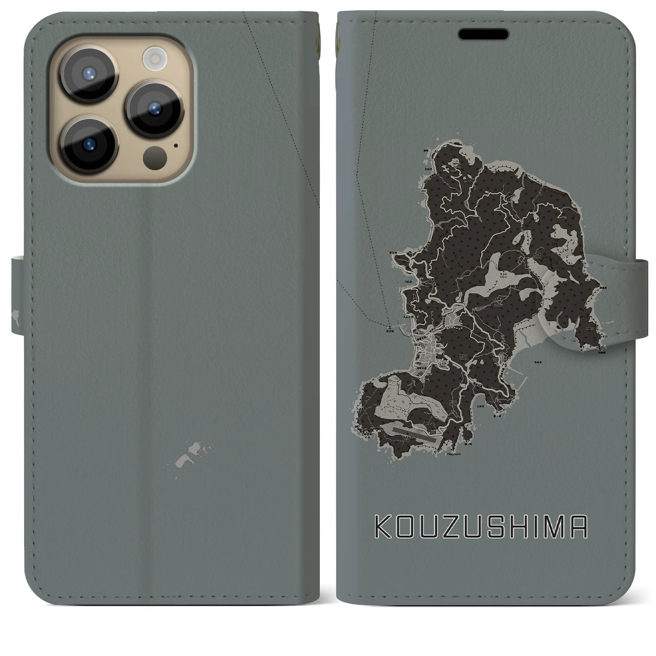 【神津島(東京都)】地図柄iPhoneケース(手帳タイプ)モノトーン・iPhone 14 Pro Max 用