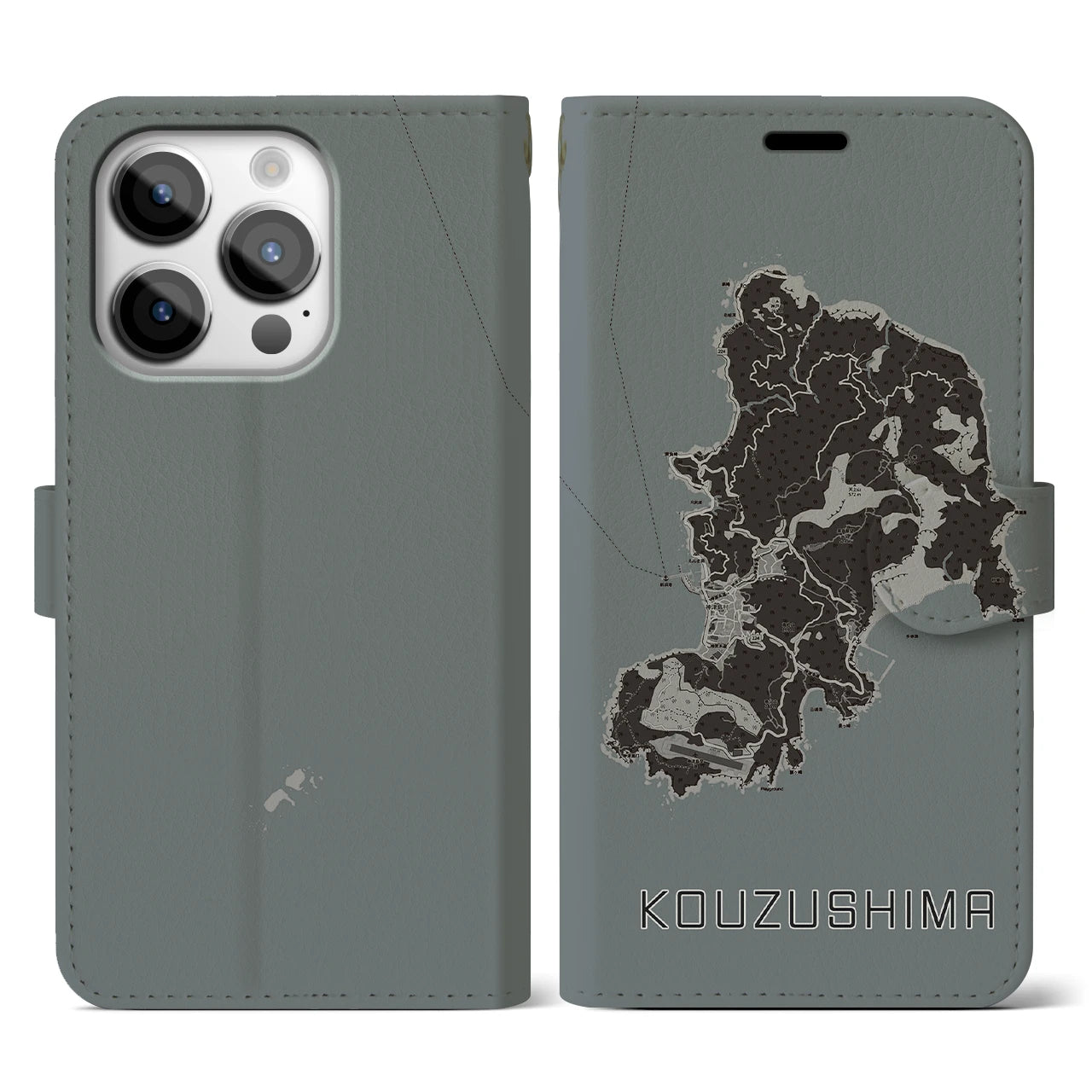 【神津島(東京都)】地図柄iPhoneケース(手帳タイプ)モノトーン・iPhone 14 Pro 用