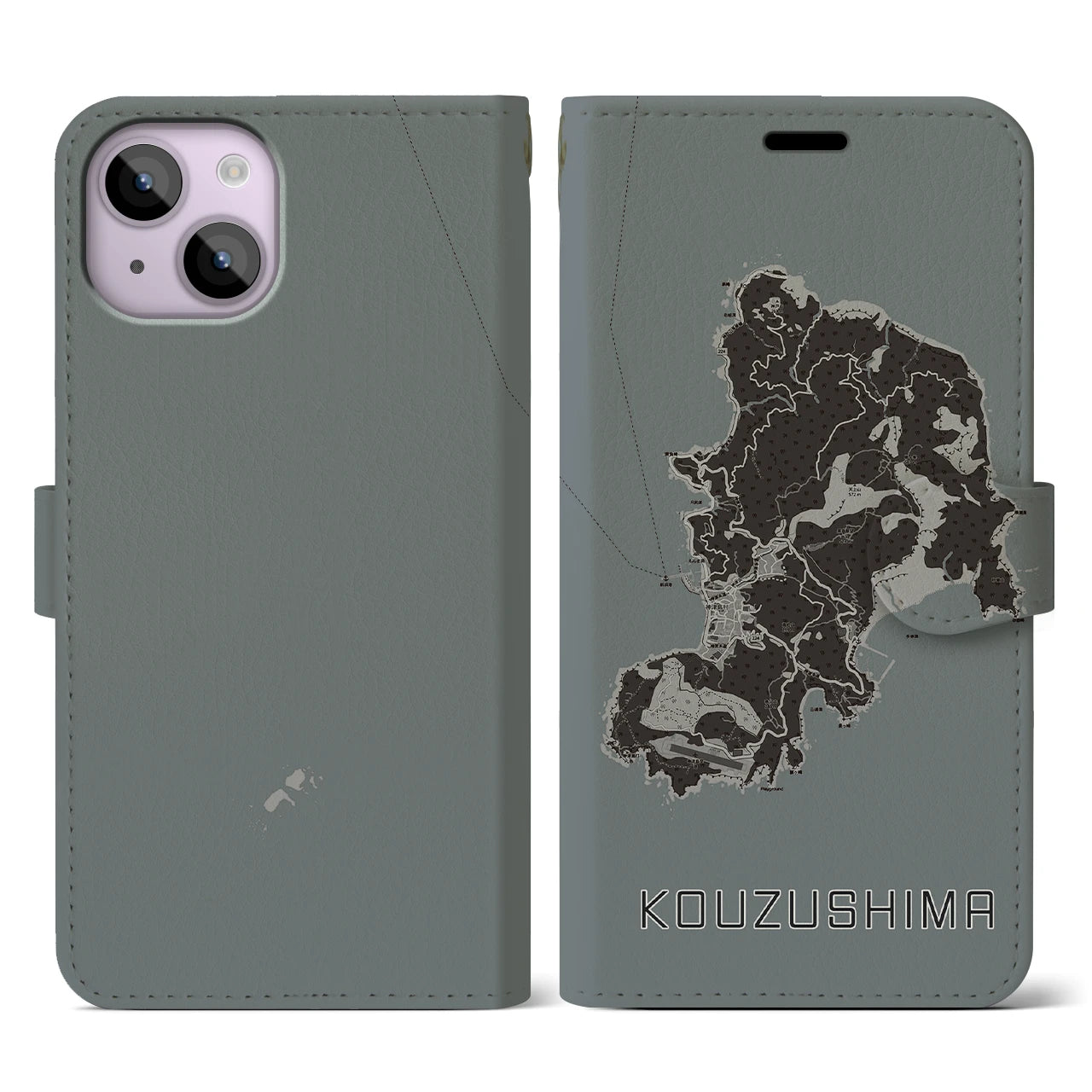 【神津島(東京都)】地図柄iPhoneケース(手帳タイプ)モノトーン・iPhone 14 用