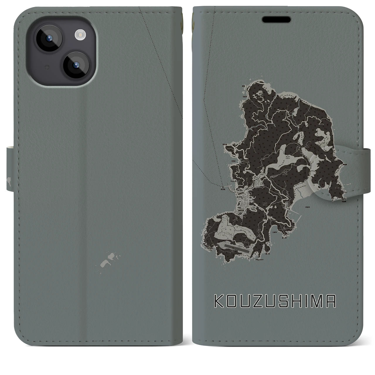 【神津島(東京都)】地図柄iPhoneケース(手帳タイプ)モノトーン・iPhone 14 Plus 用