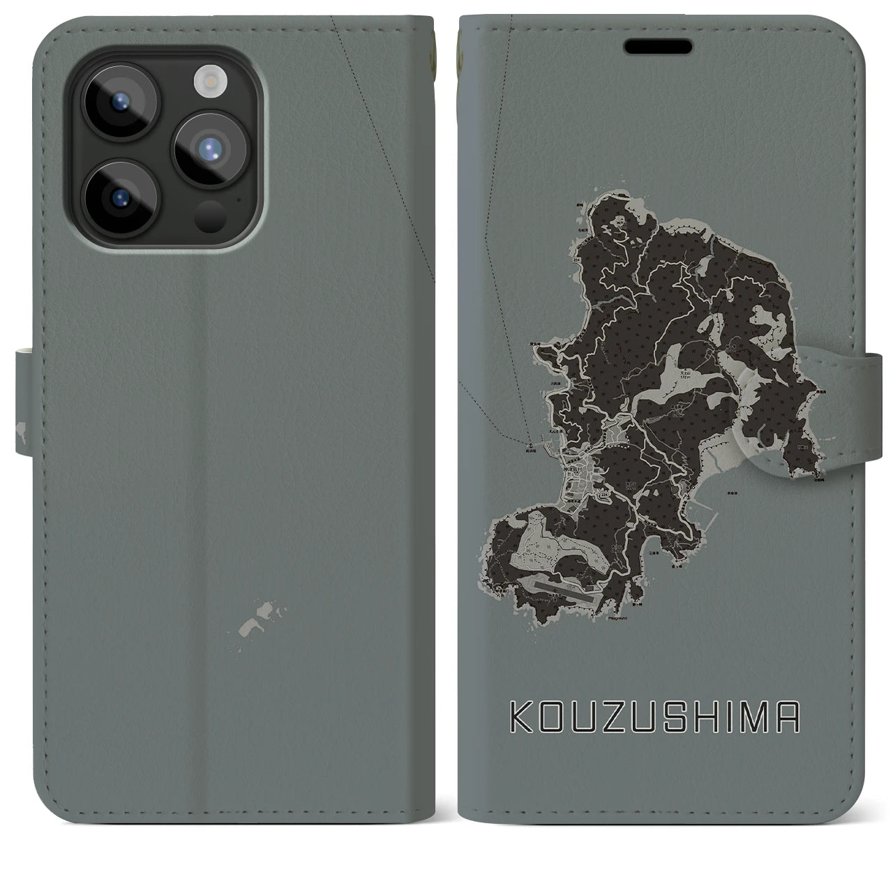 【神津島(東京都)】地図柄iPhoneケース(手帳タイプ)モノトーン・iPhone 15 Pro Max 用