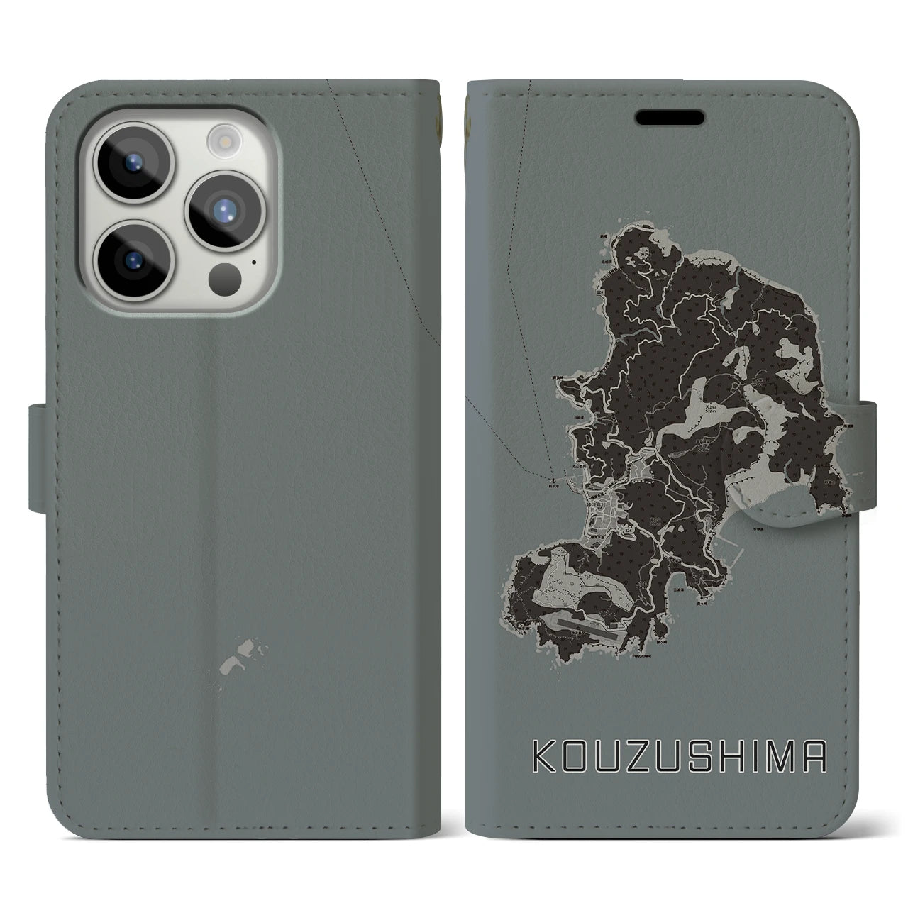 【神津島(東京都)】地図柄iPhoneケース(手帳タイプ)モノトーン・iPhone 15 Pro 用