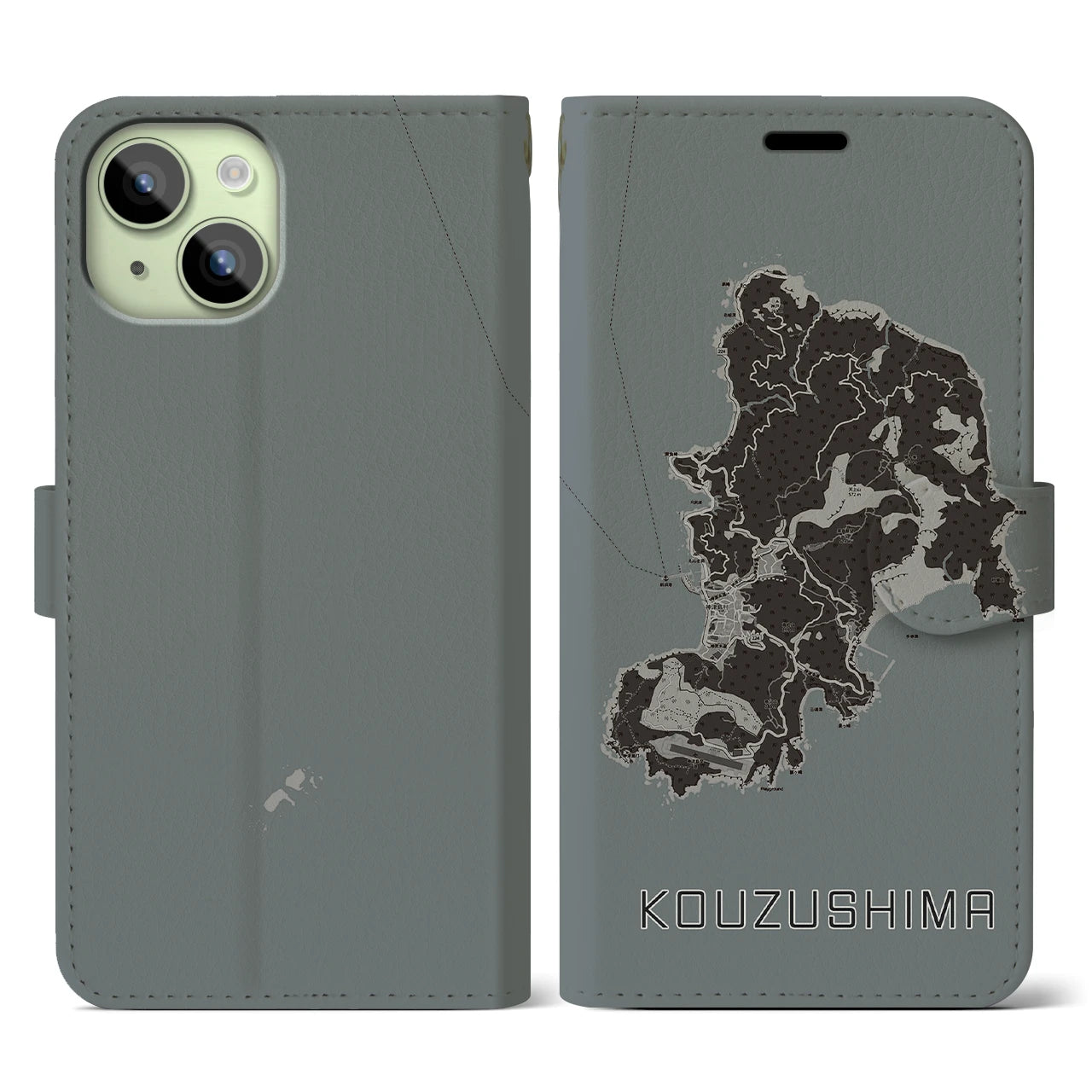 【神津島(東京都)】地図柄iPhoneケース(手帳タイプ)モノトーン・iPhone 15 用