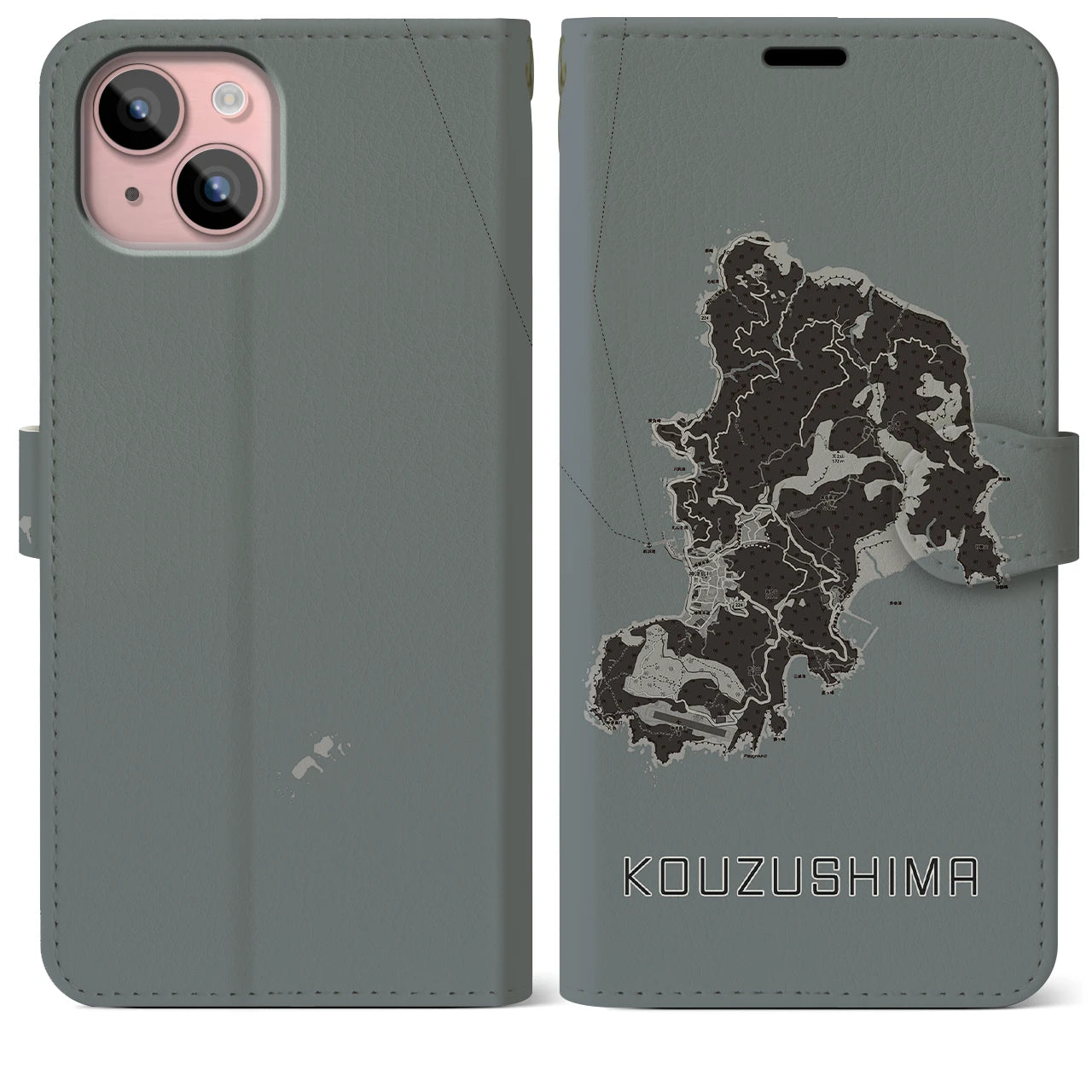 【神津島(東京都)】地図柄iPhoneケース(手帳タイプ)モノトーン・iPhone 15 Plus 用